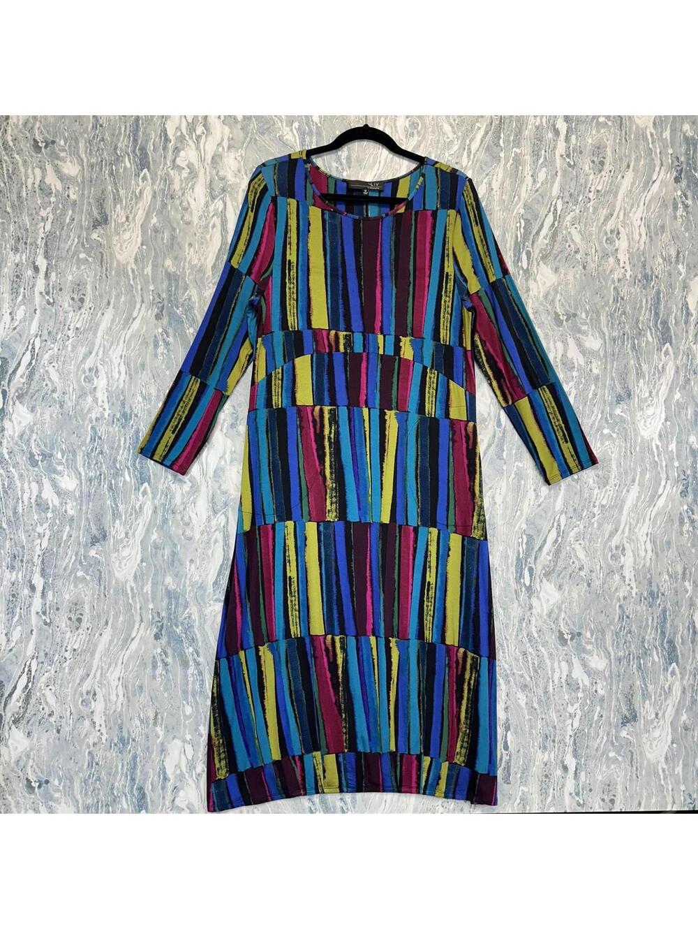 Artsy Boho Minimalist Lagenlook Multicolor Striped Long Sleeve Dress (M)
